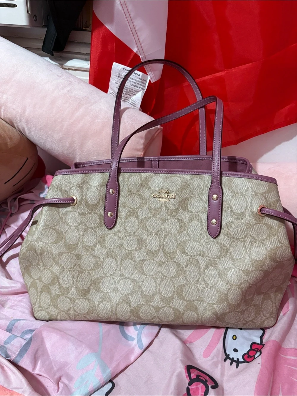 Coach Beige Signature Canvas Tote with Mauve Trim